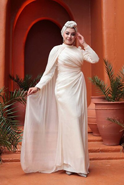 N.S NEVA STYLE Μπεζ Μουσουλμανικό Βραδινό Φόρεμα με Λεπτομέρεια Μανδύας 5296BEJ