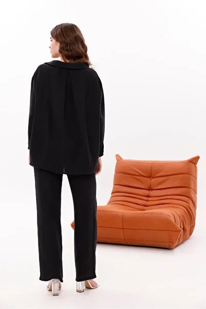 LA PANTE Low Shoulder Linen Look Shirt Trousers Set with Elastic Waist, Laces and Front Pocket