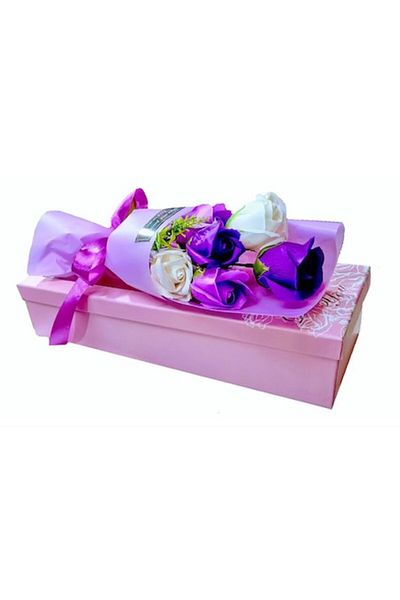 OEM Buchet 5 trandafiri de sapun ambalat in cutie cadou cu mesaj, culoare mov