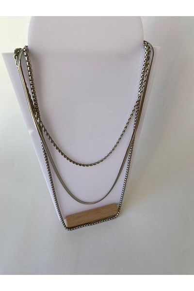 marsel aksesuar Steel Triple Long Chain Silver Necklace