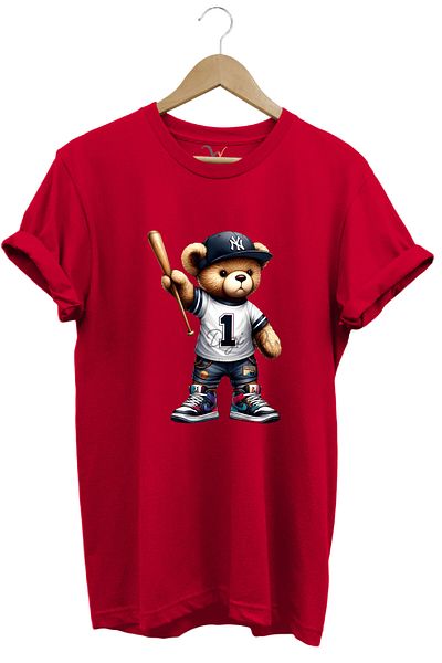 WİDİ Baseball Bat Teddy Bear Printed 100% Cotton Regular Fit Premium T-Shirt