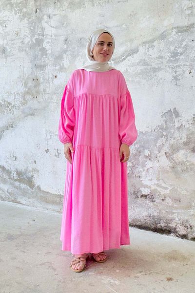 Hatun Atila Μακρύ φόρεμα με δεμένη μέση 8850 - Ροζ