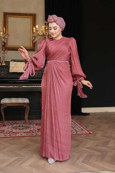 N.S NEVA STYLE Βραδινό φόρεμα Hijab με λεπτομέρεια σκούρο Dusty Rose 50193KGK