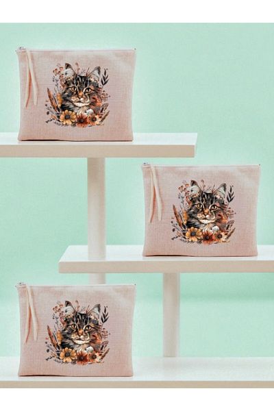 lili hediyelik Floral Cat Printed 3 τεμαχίων τσάντα μακιγιάζ 20x25 cm - Γυναικείο δώρο γενεθλίων Γυναικείο προϊόν δώρου