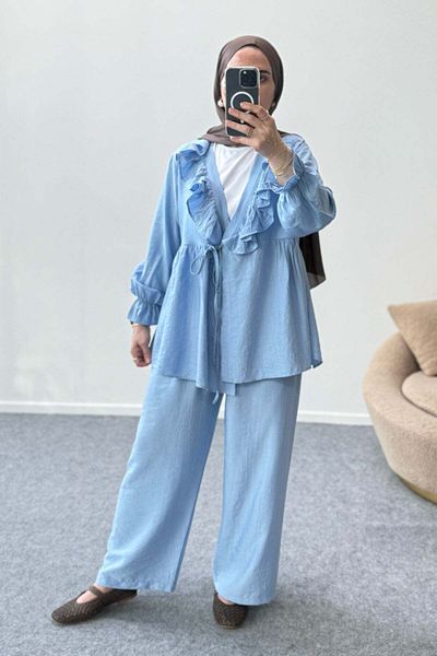 Hatun Atila Ruffle Neck Tie-Up Tunic and Wide Leg Pants Set 8845 - Blue