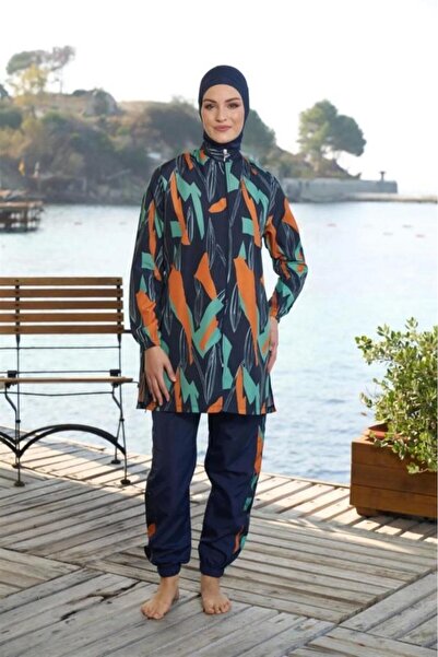 Estiva Plain Sleeve Leg Elastic Zipper Fully Closed Hijab Swimsuit