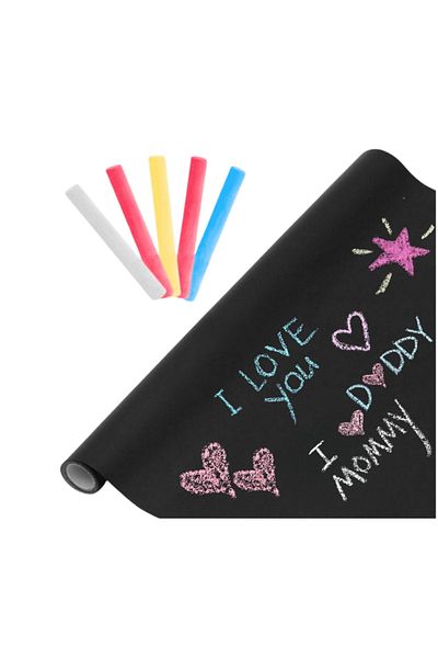 ideal STORE idealSTORE Black Chalkboard with Self-Adhesive Chalk, For Writing and Drawing, Includes White Chalk and