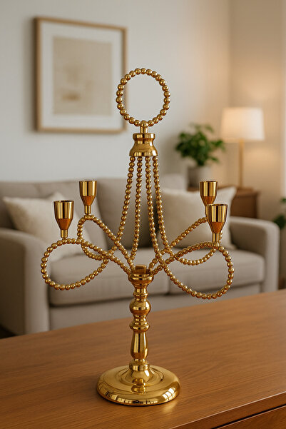 Modelce Gold Renk Dört Kollu Metal Şamdan – Modern Ve Minimalist Dekoratif Mu...