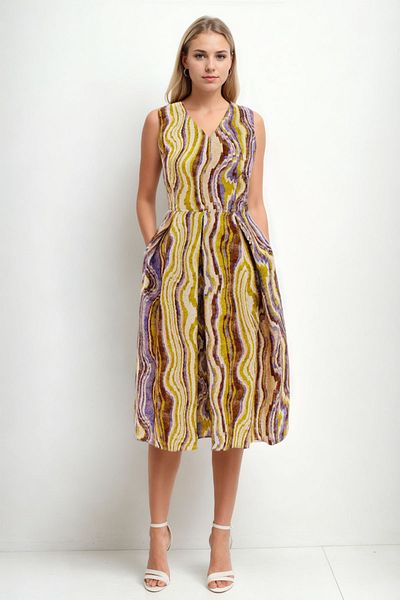 Vitrin Self Patterned V Neck Pleated Dress