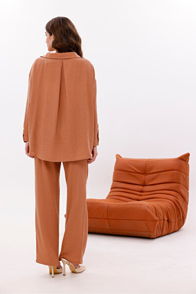 LA PANTE Low Shoulder Linen Look Shirt Trousers Set with Elastic Waist, Laces and Front Pocket