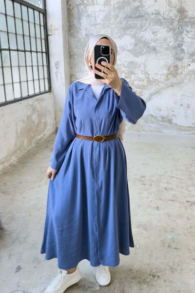 Hatun Atila Guler cămașă, cu toate nasturile, cu detaliu de centură, rochie lungă 5211 - Indigo