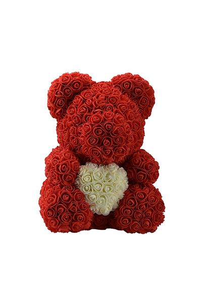 OEM Teddy Bear Hand Decorated With Roses, 40 Cm - Red With White Heart