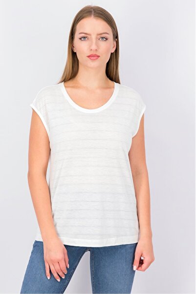 Esprit Women Round Neck Cap Sleeves Shallow Stripe Print Top, White