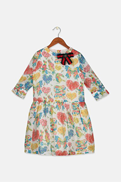 Gucci Kids Girl Broche Detail Long Sleeve Floral Dress, White