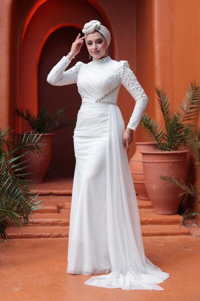 N.S NEVA STYLE Boncuk İşlemeli Beyaz Tesettür Abiye Elbise 5295B