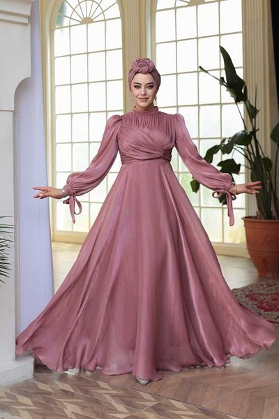 N.S NEVA STYLE Βραδινό φόρεμα Drape Detailed Dusty Rose Hijab 4823GK