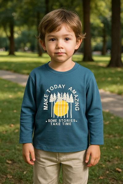 LUESS Tricou cu mânecă lungă imprimat 100% bumbac pentru băiat - Indigo (3-4 ani 8-9 ani)