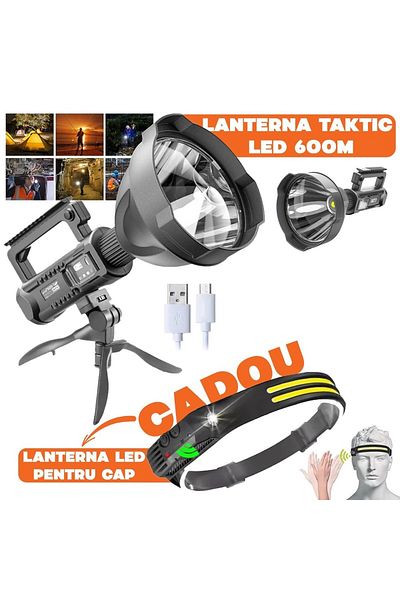 ZanaCasei LED flashlight, 31 cm, USB charging, tripod included + GIFT headlamp