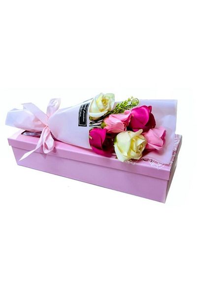 OEM Buchet de 5 trandafiri de săpun în cutie cadou cu mesaj, culoare roz