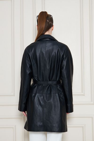 By Marki Marki Women's Genuine Leather Trench Coat – Black, V-Neck, Belted, Button Closure, Oversize, 90 cm - 117122