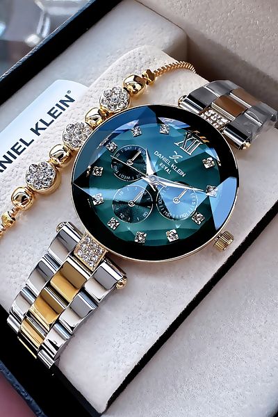 Daniel Klein Gold Green Colored 3 Atm Waterproof Women's Wristwatch - Steel Cord Bracelet Gift DKBY2018C3