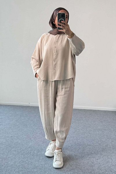 Hatun Atila Modal Fabric Oversize Shirt and Baggy Trousers Double Suit 5210 - Beige