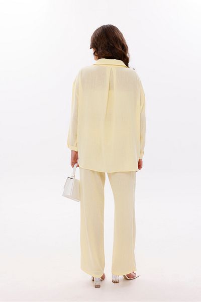 LA PANTE Low Shoulder Linen Look Shirt Trousers Set with Elastic Waist, Laces and Front Pocket
