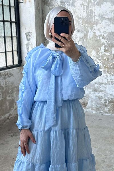 Hatun Atila Double Suit with Tie Collar, Ruffled Sleeves and Layered Skirt 8034 - Baby Blue