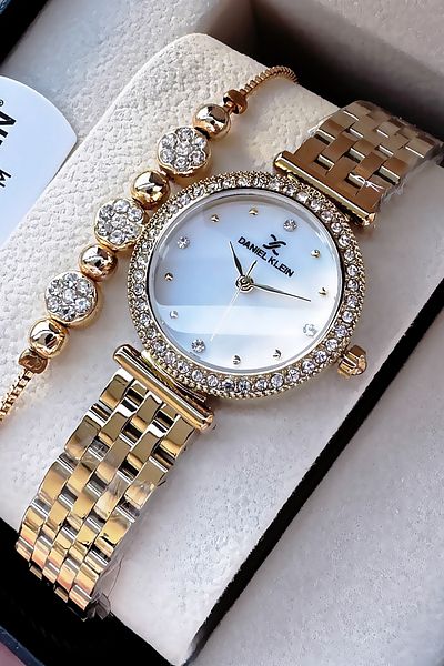 Daniel Klein Original Stone Case Waterproof Women Wristwatch Gold Color Steel Cord Gift Bracelet Dkby2042C1