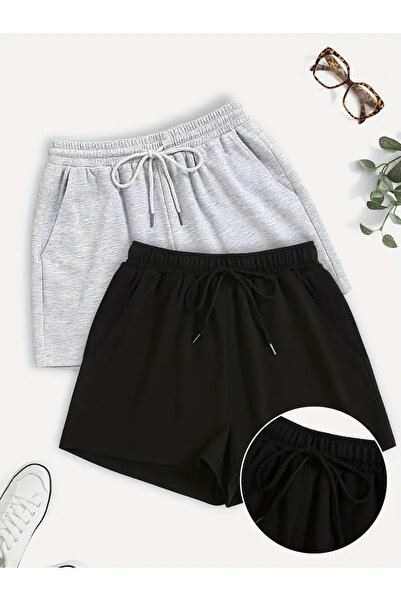 LOSSİA 2li Kadın Siyah ve Gri Şort Büyük Beden Battal Eşofman Altı Spor Rahat Giyim Kaliteli Şık Görünüm 43