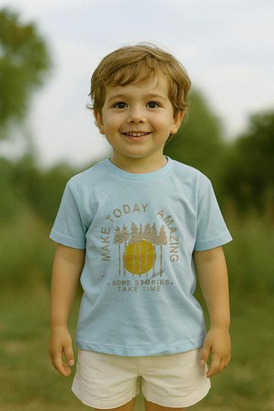 LUESS Tricou cu mânecă scurtă cu imprimeu pentru băiat, 100% bumbac - albastru deschis (3-4 ani 8-9 ani)