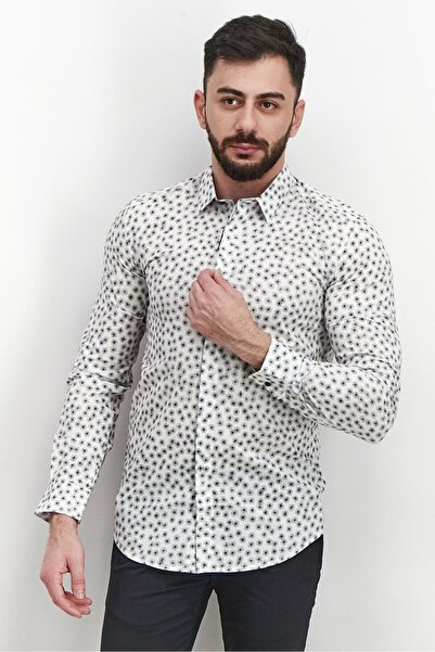 Antony Morato Men Slim Fit Allover Print Long Sleeves Casual Shirt, White Combo