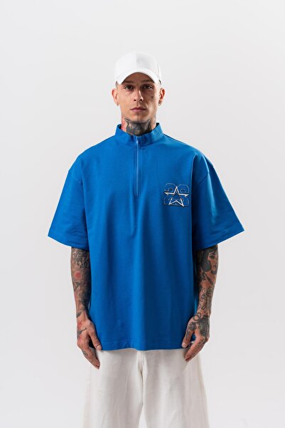 Respire Чоловічий 22 Друкований Oversize T-Shirt з напівзастібкою, синій