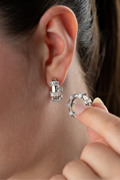 Silvano Jewelry 925 Ayar Gümüş Halka Baget Taşlı Küpe