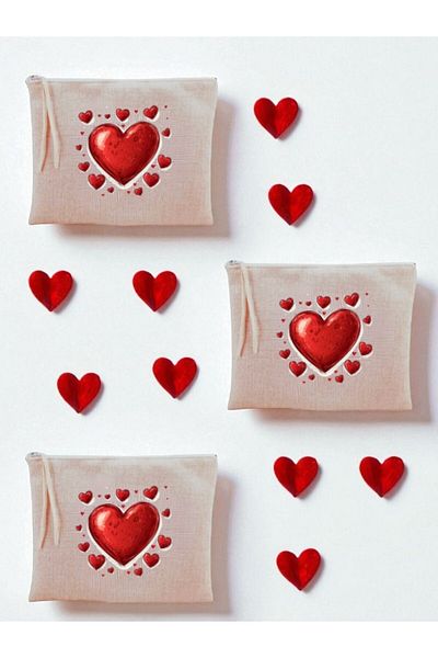 lili hediyelik Heart And Hearts Printed 3 τεμαχίων τσάντα μακιγιάζ 20x25 cm - Γυναικείο δώρο γενεθλίων Γυναικείο προϊόν δώρου