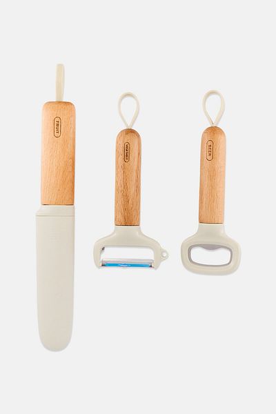 Catherine Malandrino 3 Pieces Wooden Handle Utensil Sets, Beige