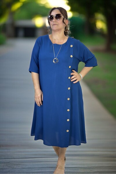 yagmurberen Yandan Wooden Button Detail Pocket Three Quarter Sleeve Cotton Viscose Plus Size Dress