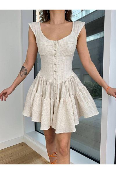 WellWay Linen Fabric Shorts Button Detailed Kilos Dress-0176