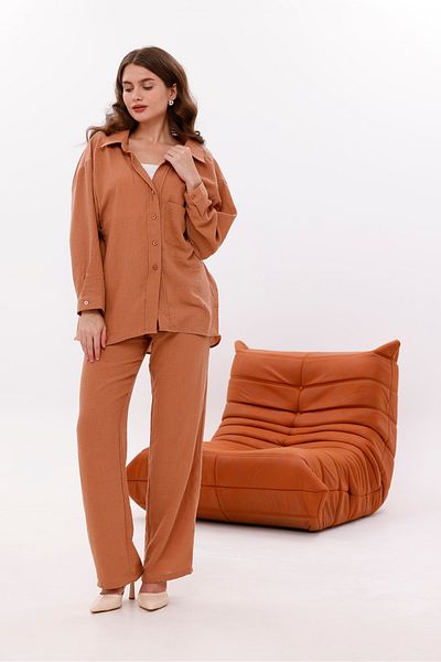 LA PANTE Low Shoulder Linen Look Shirt Trousers Set with Elastic Waist, Laces and Front Pocket