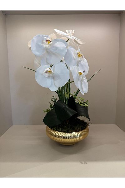 TASARIMHMODA Small Size Striped Flat Vase with Artificial Orchids No:2