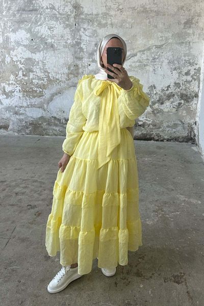 Hatun Atila Double Suit with Tie Collar and Ruffled Sleeves and Layered Skirt 8034 - Yellow