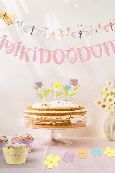 MSticker Σετ στολισμού με θέμα την πεταλούδα και τα λουλούδια, αυτοκόλλητο σημαιάκι με στολίδια για το cupcake
