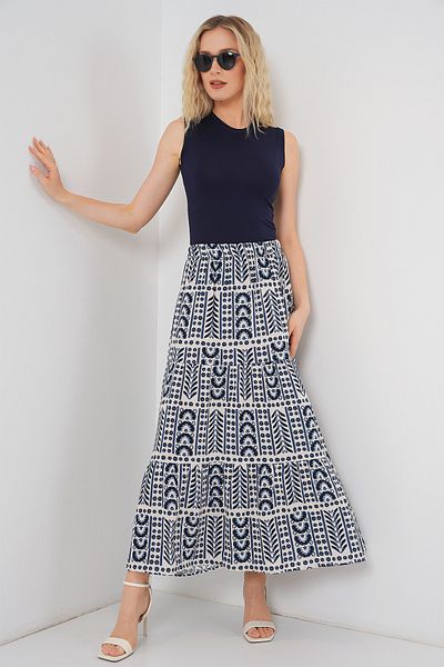 Bigdart Women's Patterned Long Skirt 8053 - Cream