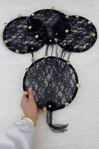 ZEYMERADE Siyah Gelin Nedime Tefi Dantel, 3D Çiçek Süslemeli, Düğün Kına Gece...