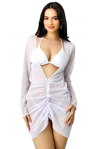 FashionForYou Ameline three-piece beach set, adjustable swimsuit and reversible drawstring dress, White, 44