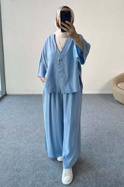 Hatun Atila Buttoned V-Neck Cardigan and Wide-Leg Trousers Double Suit 8852 - Blue