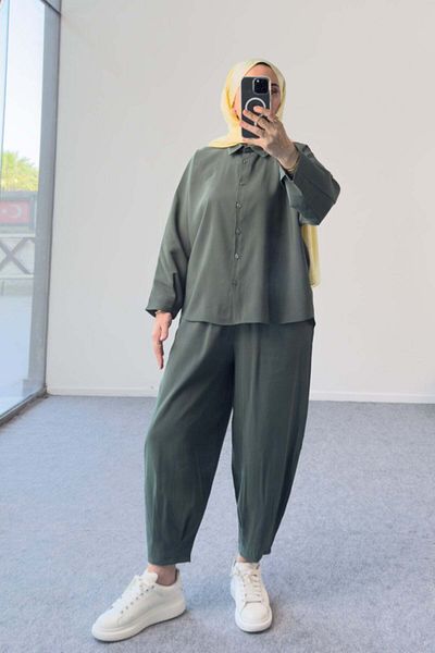Hatun Atila Modal Fabric Oversize Shirt and Baggy Trousers Double Suit 5210 - Khaki