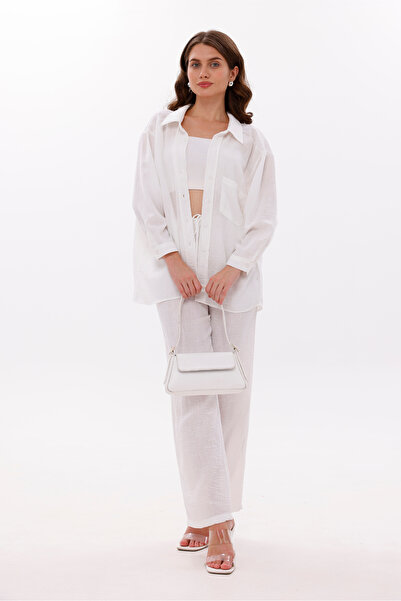 LA PANTE Low Shoulder Linen Look Shirt Trousers Set with Elastic Waist, Laces and Front Pocket