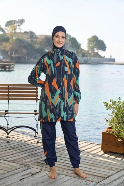 Estiva Plain Sleeve Leg Elastic Zipper Fully Closed Hijab Swimsuit