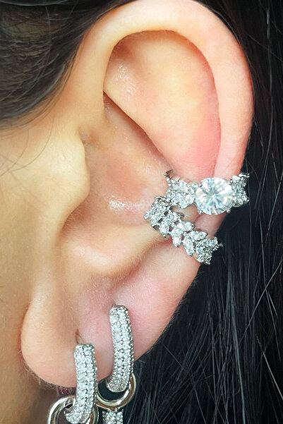 fk studio design Zirkon Taşlı Vip 2 Şerit Earcuff Kıkırdak Küpe